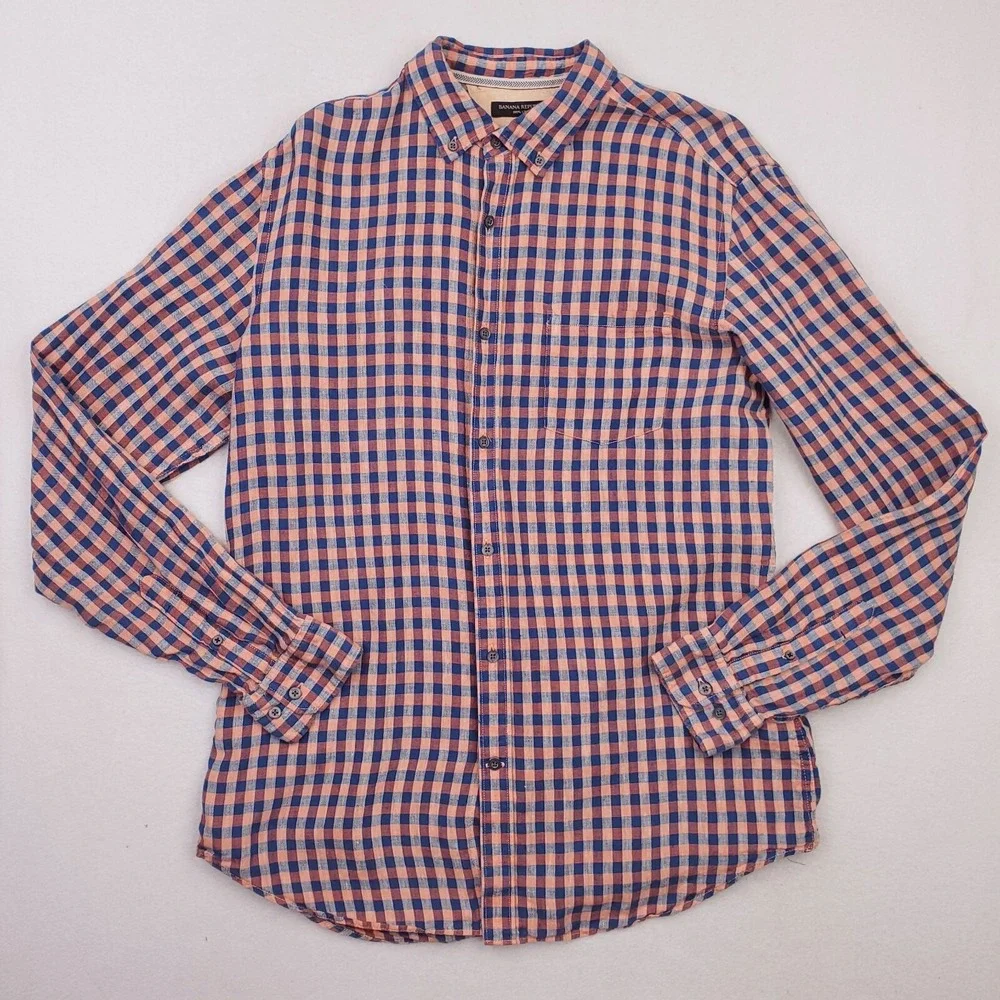 Banana Republic Shirt Mens Large Blue Peach‎ Camden Linen Gingham Plaid Preppy
